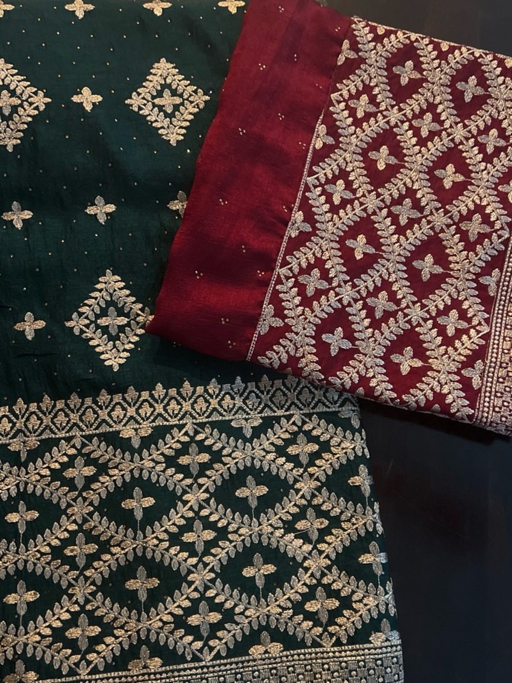 Embroidered Green & Maroon Women's loose fabric for suit- Elegant Metallic Motif